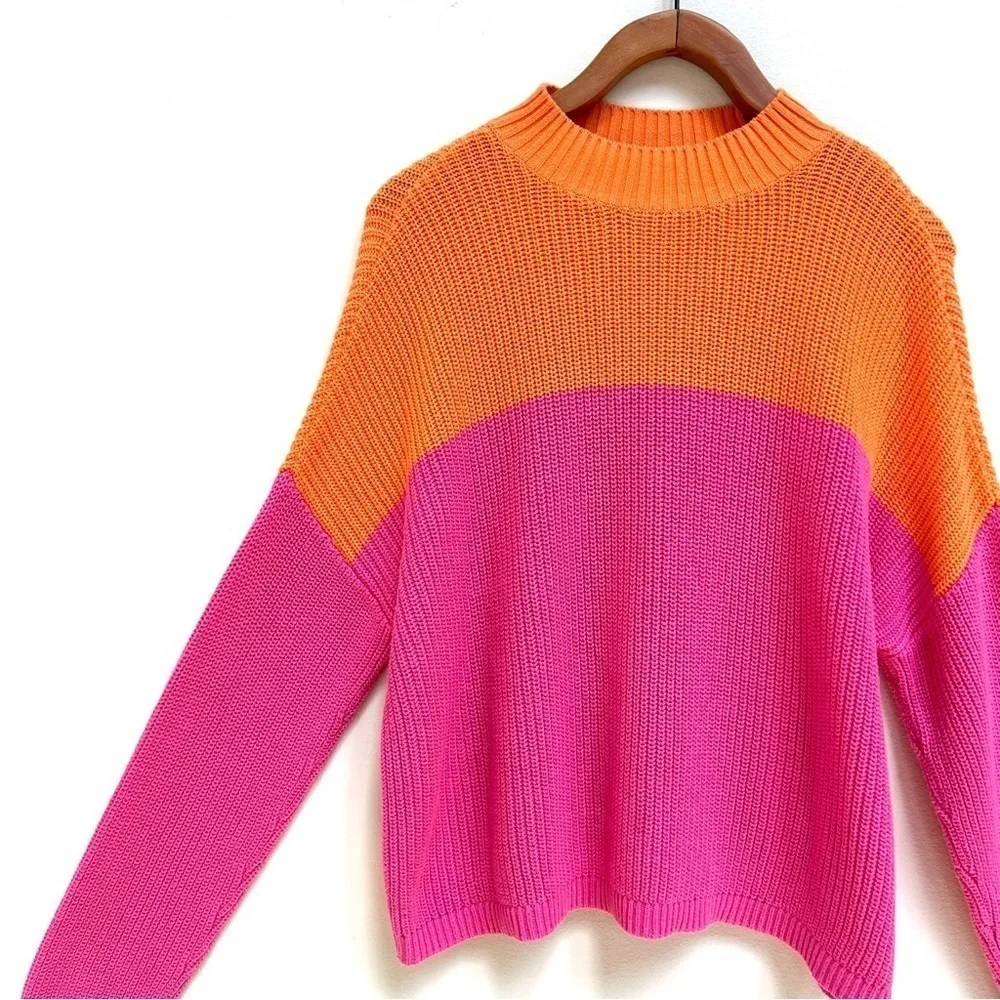 Bar III Cotton Colorblocked Mock-Neck Pink Orange Sweater, Size Small